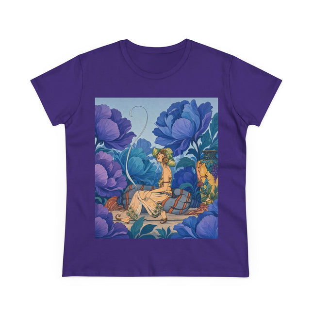💙🌸 The Lady Among The Blue Blossoms Cotton Tee – Art Deco Floral Reverie