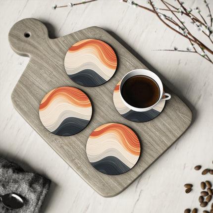 Wave Pattern in Hues of Beige, Orange, Grey, and Black Coasters