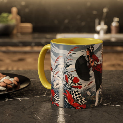☔🌹 The Scarlet Checkerboard Rainstorm Colorful Mug – Art Deco Floral Elegance