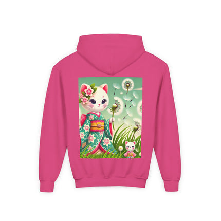 Geisha Kitten and the Dandelion Wish Youth Hooded Sweatshirt – Soft Dreams & Gentle Wonder