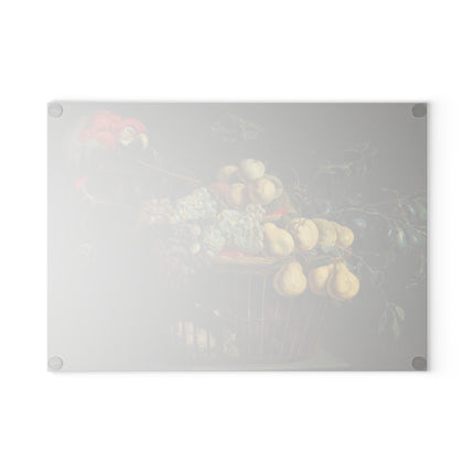 Still Life of a Basket of Fruit with a Parrot by Adriaen Van Utrecht Glass Cutting Board