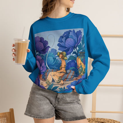 💙🌸 The Lady Among The Blue Blossoms Crewneck Sweatshirt – Art Deco Floral Reverie