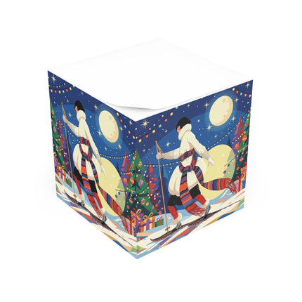 🌙🎿 The Moonlit Christmas Skier Note Cube – Art Deco Holiday Adventure