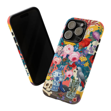 Floral Vanitas Phone Case – Parrot & Porcelain Splendor
