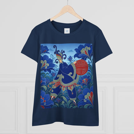 💙🌺 The Imperial Blue Garden Cotton Tee – Art Deco Oriental Elegance
