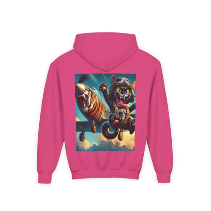 Parachuting Cat Commando Youth Hooded Sweatshirt – Action, Adventure & Wild Imagination
