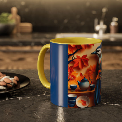 Blue Jay at an Autumn Tea Ceremony Colorful Mugs (11oz, 15oz)