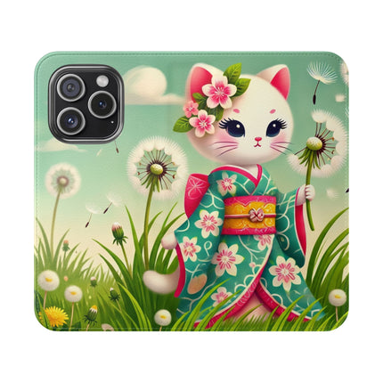 🌾🌼 Geisha Kitten and the Dandelion Wish Flip Case – Gentle Wishes & Quiet Wonder