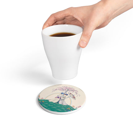 🌈☂️ Beneath The Rainbow Tree Ceramic Coaster – Art Deco Spring Fantasy