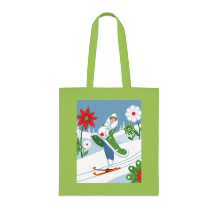 🎿🌺 The Winter Garden Skier Cotton Tote Bag – Colorful Winter Adventure
