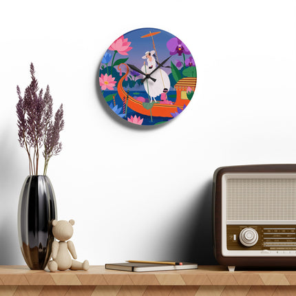 🪷🚣 The Lady Of The Lotus Lake Acrylic Wall Clock – Art Deco Botanical Fantasy