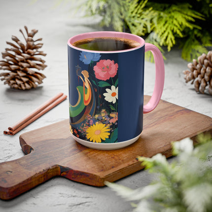 The Lady And The Crimson Moonbird Colorful Mugs – Art Deco Whimsical Garden Elegance