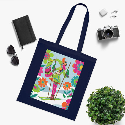 🎿🌸 The Winter Flower Adventurer Cotton Tote Bag – Colorful Skiing Fantasy