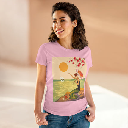 🧜‍♀️🌸 The Mermaid Beneath The Blossoms Cotton Tee – Art Deco Seaside Fantasy