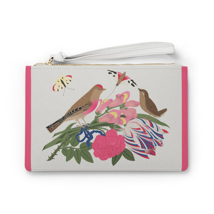 Pink-Breasted Bird & Wren Clutch Bag – Elegant Joy & Springtime Charm