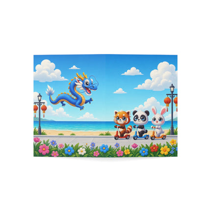 🐉🛴 The Dragon Day At The Seaside Greeting Card – Whimsical Animal Adventure