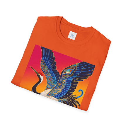 🪽🌅 The Celestial Crane Softstyle T-Shirt – Art Deco Wings Of Elegance