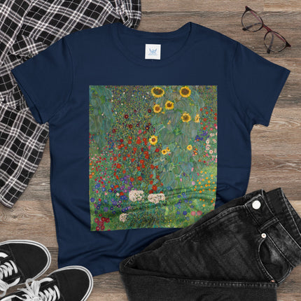 Farm Garden with Sunflowers by Gustav Klimt Women's Midweight Cotton Tee
