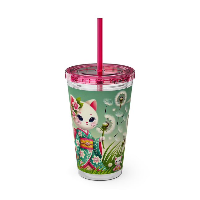 Geisha Kitten and the Dandelion Wish Sunsplash Tumbler with Straw, 16oz