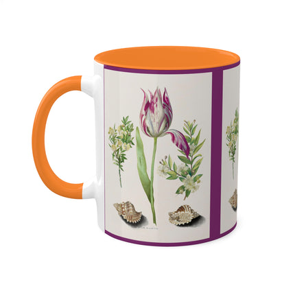 Tulip, Branches of Myrtle and Shells by Maria Sibylla Merian Colorful Mugs, 11oz