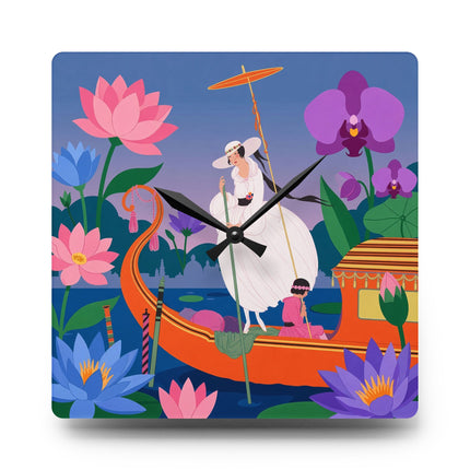 🪷🚣 The Lady Of The Lotus Lake Acrylic Wall Clock – Art Deco Botanical Fantasy