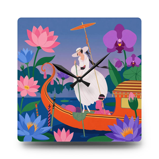 🪷🚣 The Lady Of The Lotus Lake Acrylic Wall Clock – Art Deco Botanical Fantasy