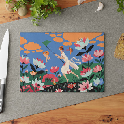 🌸🦋 The Butterfly Chase Garden Glass Cutting Board – Art Deco Whimsical Floral Elegance