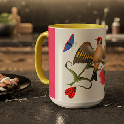 Goldfinch & Pink Flowers Colorful Mugs – Vibrant Spring & Bold Beauty