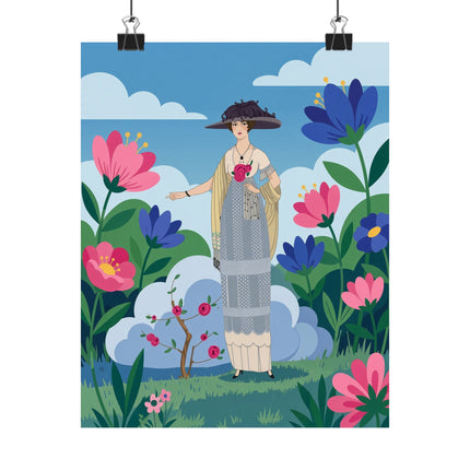 🌹🌤️ The Lady Of The Rose Garden Promenade Matte Vertical Poster – Art Deco Fashion Illustration