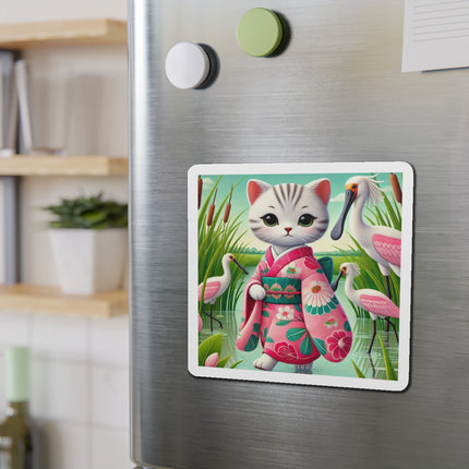 Geisha Kitten Strolls Among the Spoonbills Die-Cut Magnets (5 Sizes)