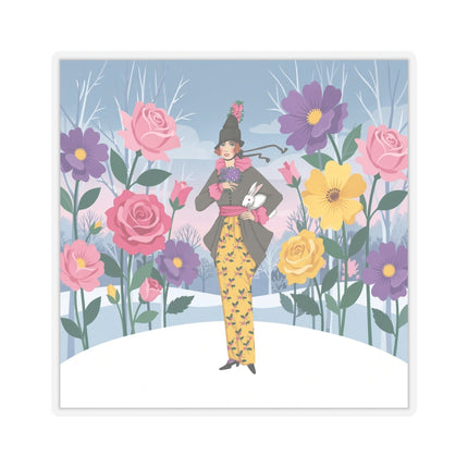 🐇🌸 The Lady With The White Rabbit Kiss-Cut Stickers – Art Deco Floral Whimsy