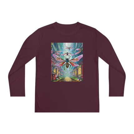Neon Swarm Youth Long Sleeve Competitor Tee – Cyberpunk Flight & Futuristic Energy