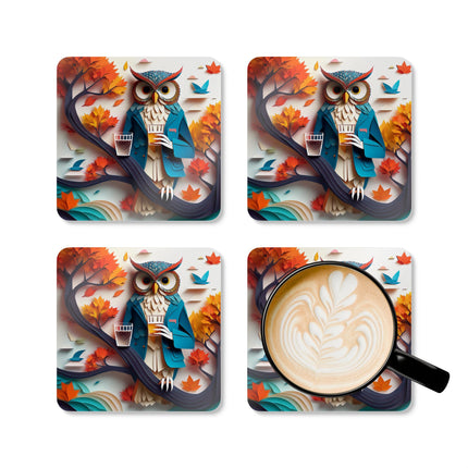 Owl at an Autumn Park Gathering Corkwood Coaster Set