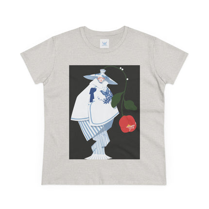 Blue & White Porcelain Geisha Women's Midweight Cotton Tee – Refined Elegance & Timeless Charm