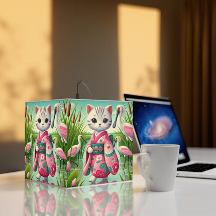 🌸🦩 Geisha Kitten Strolls Among the Spoonbills Light Cube Lamp – Serene Grace & Marshland Wonder