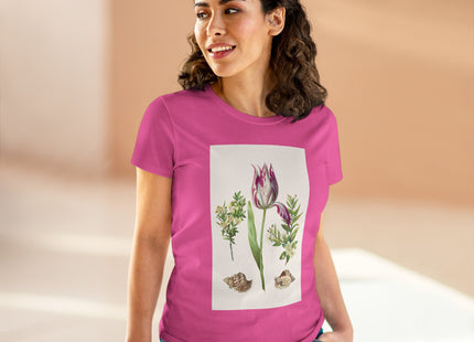 Tulip flower with Two Branches of Myrtle and Shells Cotton Tee