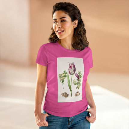 Tulip flower with Two Branches of Myrtle and Shells Cotton Tee