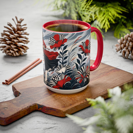 ☔🌹 The Scarlet Checkerboard Rainstorm Colorful Mug – Art Deco Floral Elegance