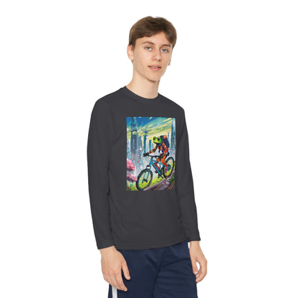 Cyberpunk Frog Youth Long Sleeve Competitor Tee – Neon Trails & Futuristic Adventure