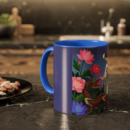 The Lady And The Garden Dragon Colorful Mugs – Art Deco Mythical Botanical Elegance