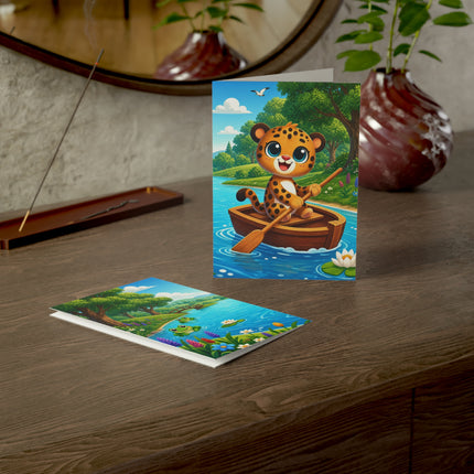 🐆🚣 The Little Leopard’s Riverboat Greeting Card – Whimsical Animal Adventure