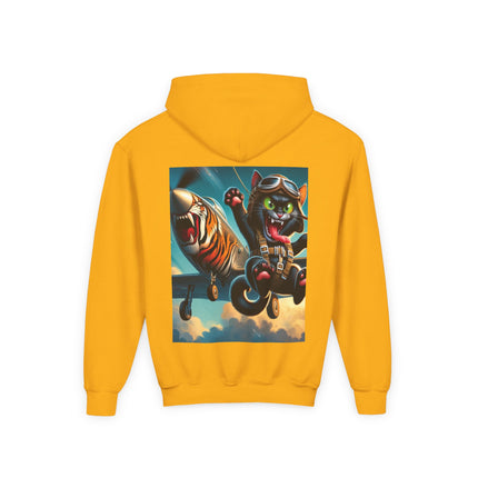 Parachuting Cat Commando Youth Hooded Sweatshirt – Action, Adventure & Wild Imagination