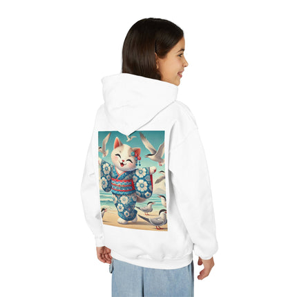 Geisha Kitten by the Seaside Youth Hooded Sweatshirt – Coastal Charm & Playful Style