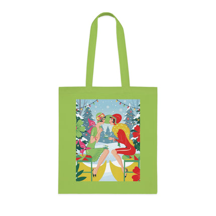 🎄☕ Christmas Tea In The Snow Garden Cotton Tote Bag – Art Deco Holiday Friendship