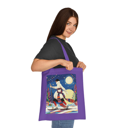 🎿🌙 The Moonlit Christmas Skier Cotton Tote Bag – Art Deco Holiday Adventure