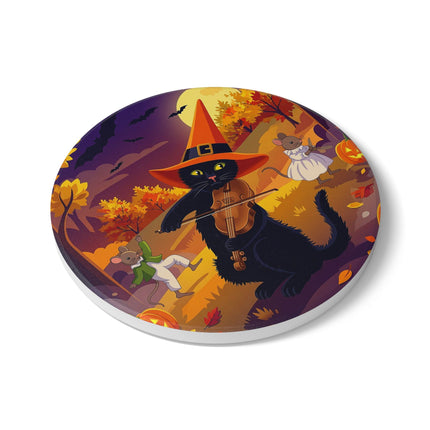 🐈‍⬛🎻 The Black Cat’s Moonlit Melody Ceramic Coaster – Whimsical Halloween Music