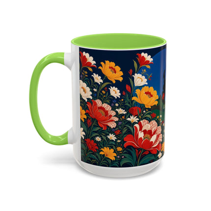 🌺🐦 The Enchanted Birdcage Garden Colorful Mug – Art Deco Floral Fantasy