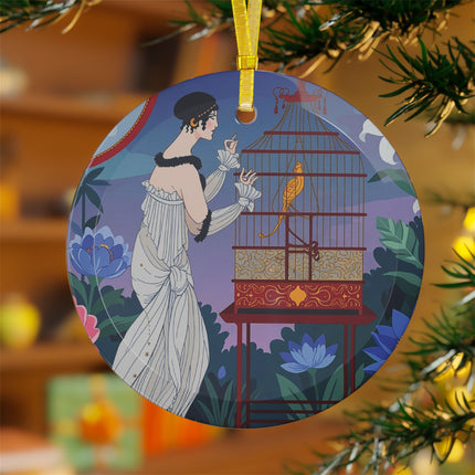 🐦🌸 Whispers to the Golden Songbird Glass Ornament – Art Deco Garden Elegance