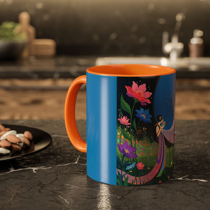 The Lady And The Moonlit Peak Colorful Mugs – Art Deco Alpine Garden Elegance