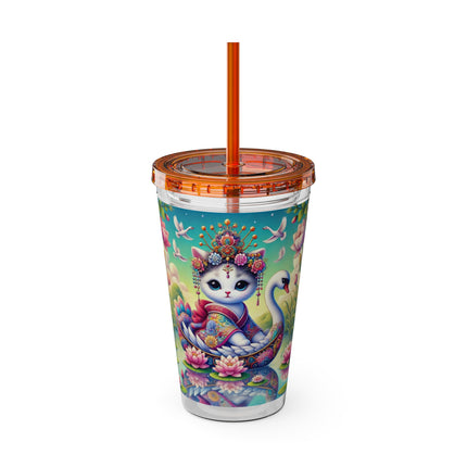 Geisha Kitten’s River Voyage Sunsplash Tumbler with Straw, 16oz